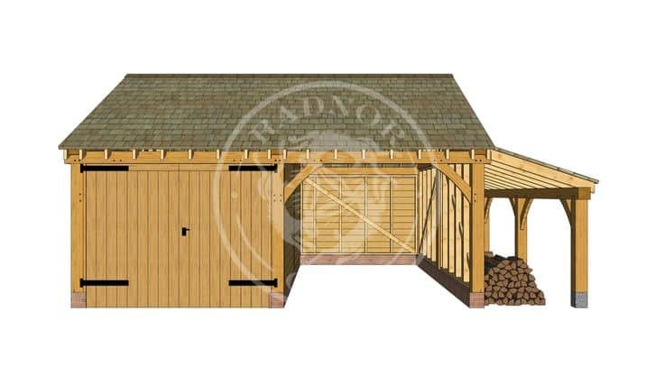 Two Bay Oak Garage with a Log Store on the Right of the Building. A Radnor Oak Design